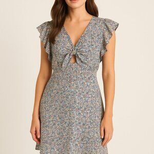 Monteau Los Angeles Floral Ruffle Sleeve Knot Front Mini Dress Size Large